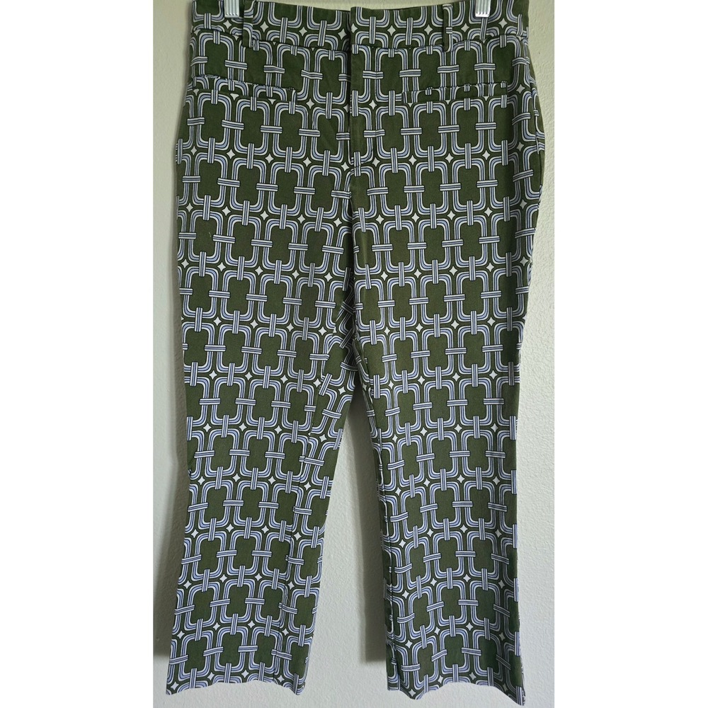 Anthropologie Geometric Print Cropped Pants Olive Green White Blue Size 10p‎